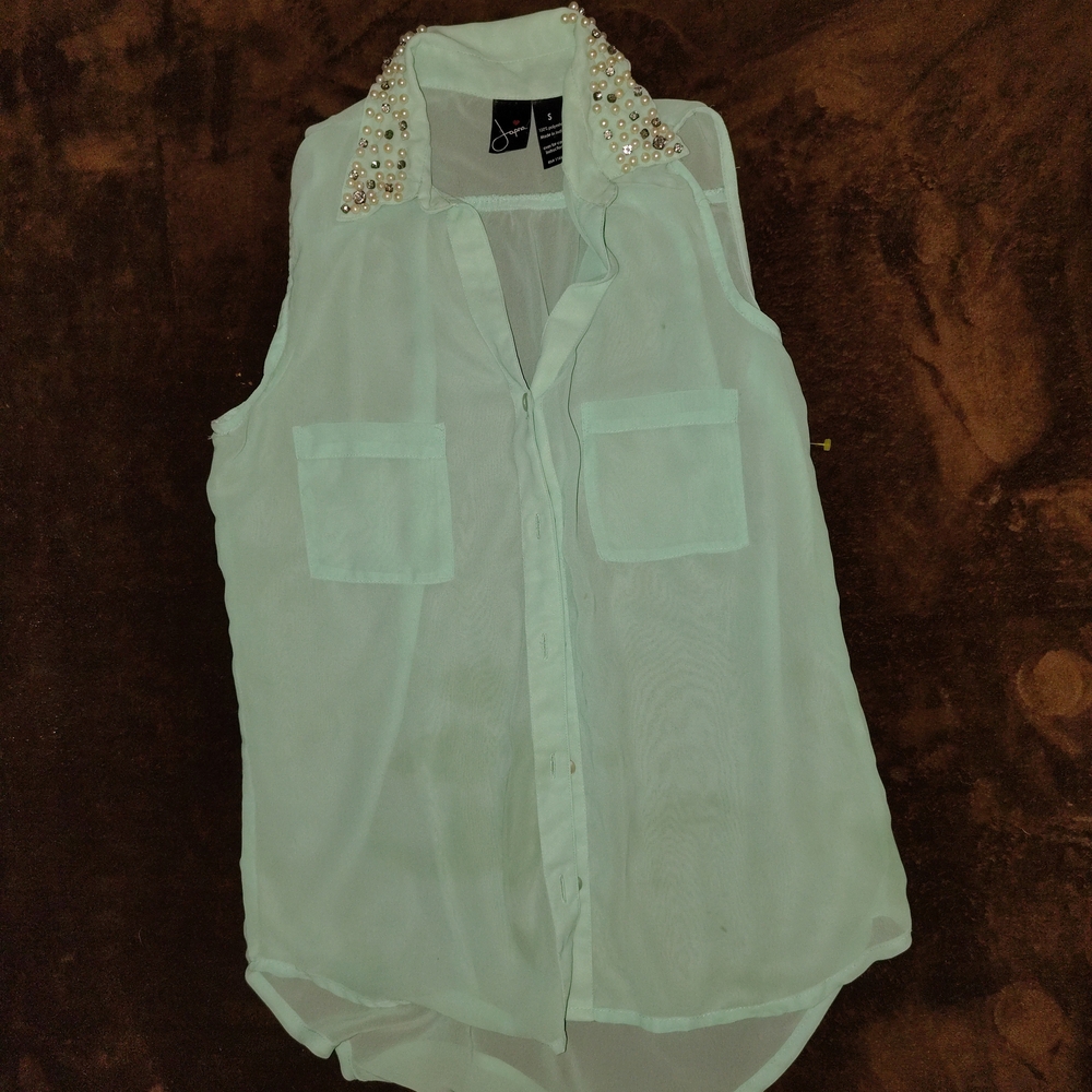 Sleeveless Pearl Collar Chiffon Blouse - Mint